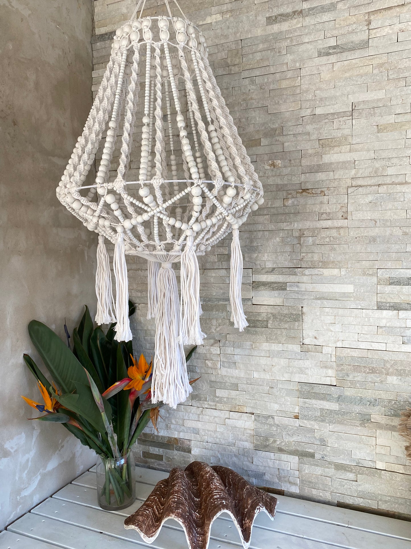White Macrame Beaded Chandelier