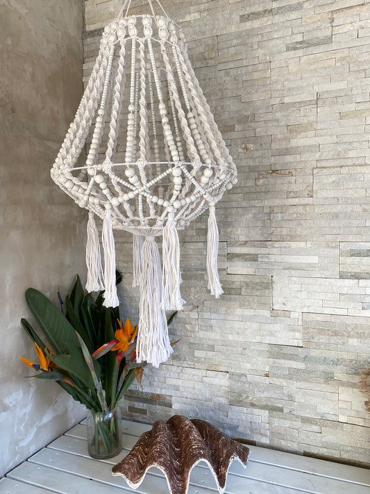 White Macrame Beaded Chandelier